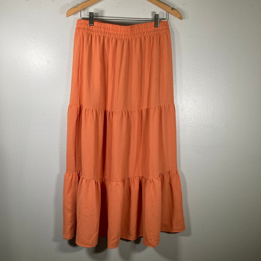 NY Collection Womens L Orange Tiered Maxi Skirt Elastic Waist Size L
